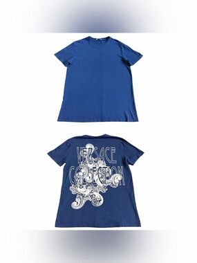 Vintage Versace Collection Men’s T Shirt Sz M Blue Baroque Paisley Graphic Y2K